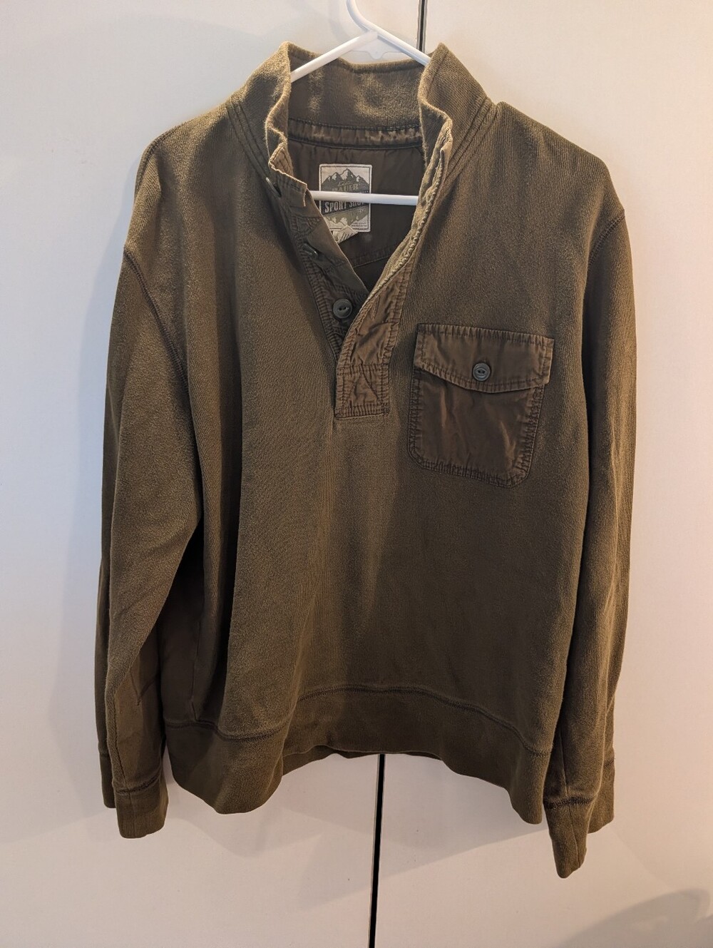 Eddie Bauer Mens Olive Green Pullover Henley 1/4 Button Sweater